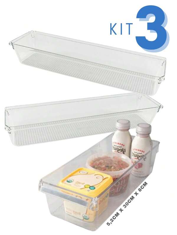 Kit 3 Organizador de Gavetas Transparente 30x8 Cozinha Guarda Roupa Maquiagem