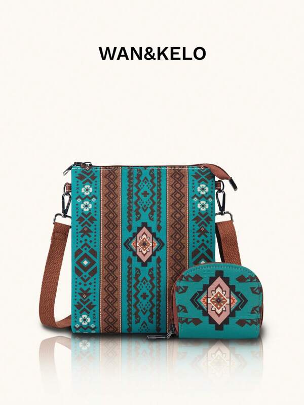 2pcs/Set Bohemian Style Crossbody Bag, Ultra Lightweight Portable Vintage Retro Print Shoulder Bag, Suitable For Vacation, Travel Or Gift