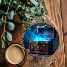 4pcs Artistic Wooden Non-Slip Coasters, Round Mysterious Jewelry Box & Lamp Designed, Suitable For Office Desk, Tea Table, Home Decoration, Thanksgiving Gift