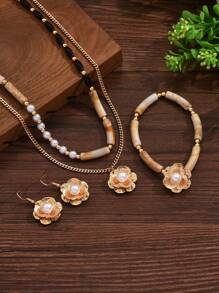 Blumen Charm doppelt geschichtetes Halskette & Ohrringe Blumen Armband Valentinstag Set