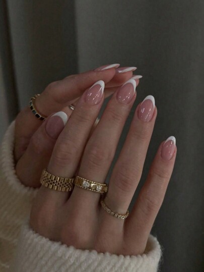 30pcs/Set Short Almond White French Fashion Design Full Coverage Fake Nail Art Patch Pressed On Nail Art Supplies Suitable For Office Ladies, Party And Daily Wear Full Coverage Fake Nail Art Patch + 1 Jelly Gel + 1 Nail File Decorate Your Nails Enhance Your Fashionable Taste Nails