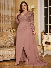 UNITHORSE Plus Size Elegant Sequin Puff Sleeve Chiffon High Slit Dress Evening Party Gown, Wedding Guest Dress, Formal Dress