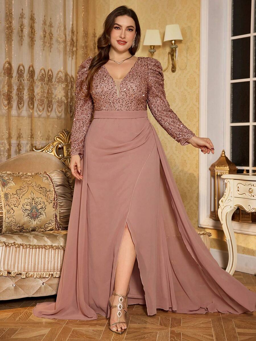 UNITHORSE Plus Size Elegant Sequin Puff Sleeve Chiffon High Slit Dress Evening Party Gown, Wedding Guest Dress, Formal Dress