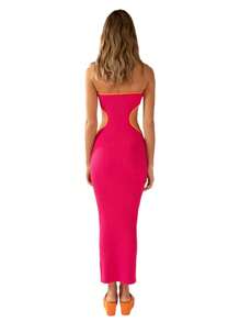 Women's Bodycon Tube Dress, Strapless Side Cutout Contrast Color Ribbed Long Dress - Hot Pink - View 5