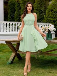 MIUSOL Floral Lace Halter Neck Ruffle Trim Chiffon Prom Party Swing Dress Elegant Semi Formal Wedding Guest Dress, For Birthday, Graduation, Homecoming