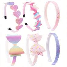 Aa-6pcs Sparkle & Shine Hairbands For Girls - Adorable Glitter Hearts, Stars & Bows, Stretchable Fabric Headbands In Pastel Candy Colors - Comfort Fit, No Slip Design, Hair Accessories For Girls-2025 Home Bathroom Decor Summer