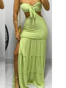 Vestido longo amore - vestido longo estampado colorido tomara que cai com fenda - Verão 2025 - Moda praia 2025 - Verde Oliva - Visão 3