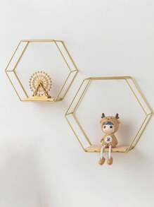 1pc Hexagon Floating Shelves Wall Decor, Gold Metal Wire & Wooden Hanging Storage Rack For Home Decoration, Suitable For Bedroom, Living Room, Kitchen, Bathroom [Comes With Hooks]