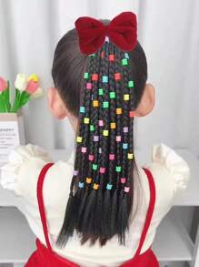 1pc Lovely Girl Braided Ponytail Hair Extensions With Elastic Rubber Band Synthetic Handmade Beaded Ponytail Hairpiece With Bow , Detachable & Reusable Ideal For Gift Hair Accessories