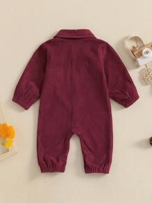 Baby Autumn Casual Corduroy Jumpsuit Long Sleeve Lapel Solid Color Button Up Romper - Burgundy - View 2
