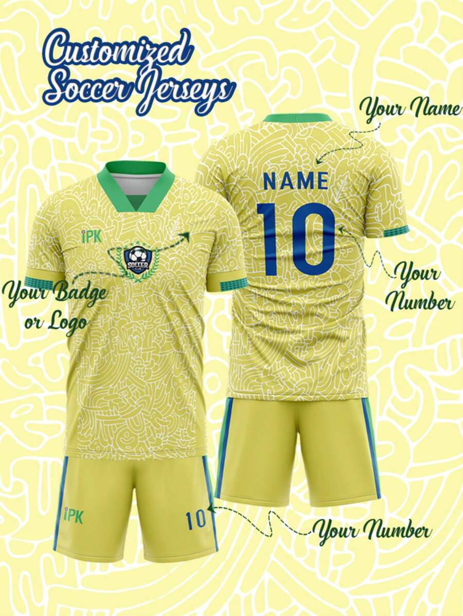 1 套 IPK 可定制足球球衣绿色涂鸦风格速干热升华球衣