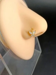 1pc Copper Alloy Nose Ring With Wave, Chevron, Butterfly, 5 Rhinestones Design, Delicate Rhinestone Nose Hoop Nose Piercing Jewelry, Fashionable Versatile Nose Ring For Women