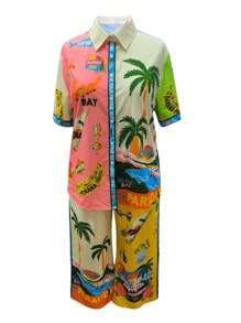 YI XUAN Plus Size Women's Two Pieces Set, Boho Beach Palm Tree Print, Casual Top And Pants