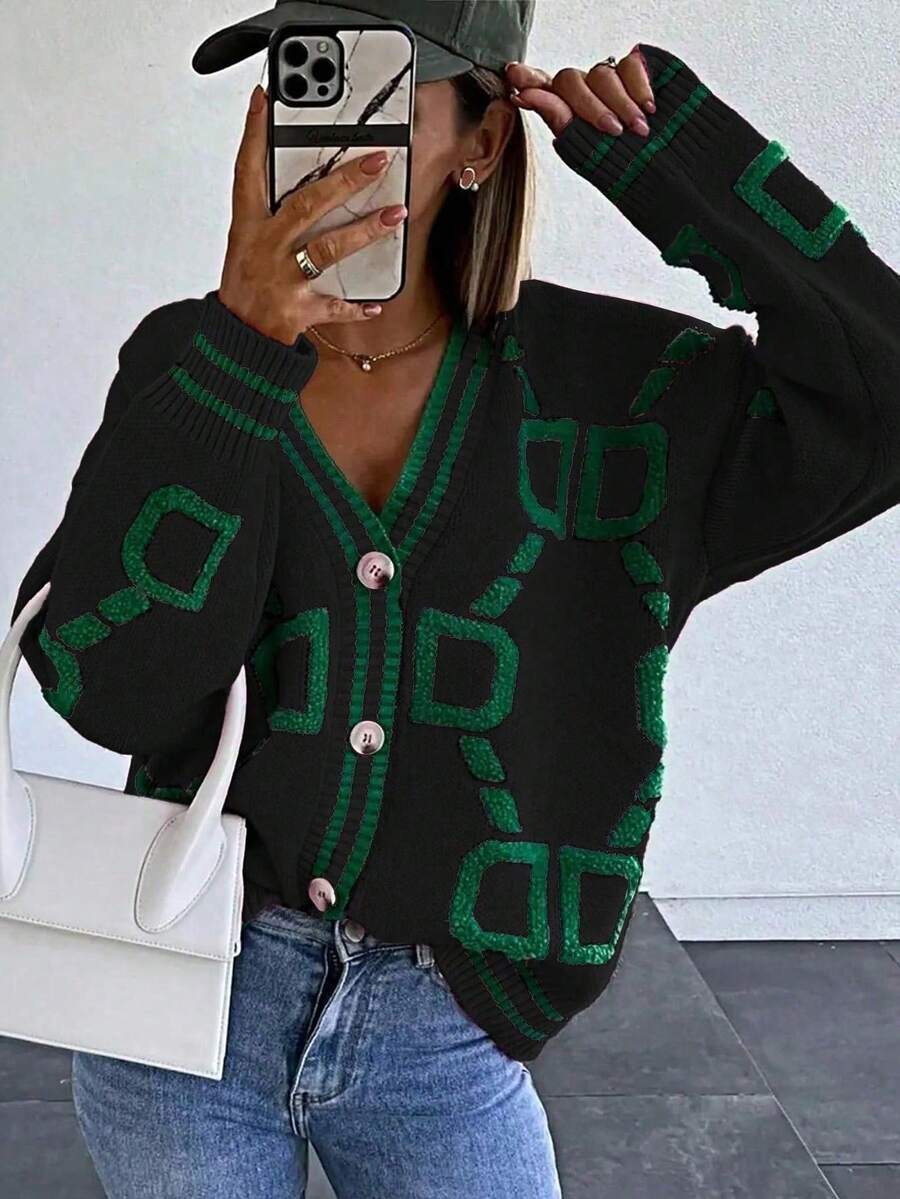 女士休闲字母图案V领单排扣针织开衫毛衣，长袖，秋冬款