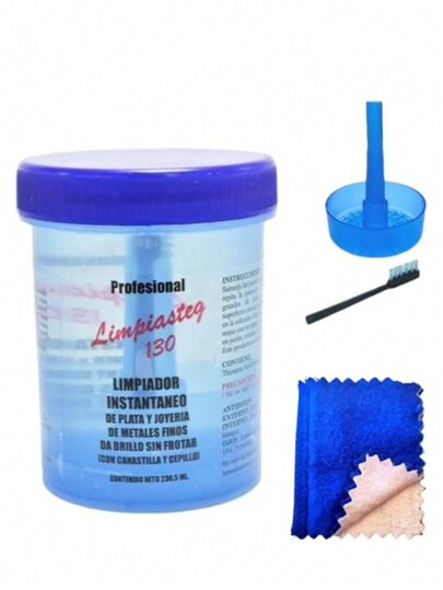 Limpiador Profesional Limpiasteg 130 para Plata y Joyería, Kit de Limpieza con Cepillo, Canastilla y Paño, 236,5 ml, KIT COMPLETO: Incluye limpiador de metales de 236.5 ml, cepillo especial, paño de limpieza de doble cara y canastilla para inmersión
