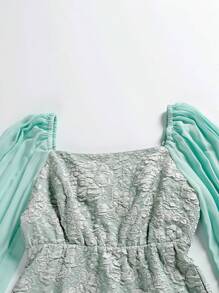 Abito da sera da donna, in jacquard, a forma quadrata, elegante e aderente, in chiffon, con maniche corte arricciate, abito da festa, cerimonia, matrimonio