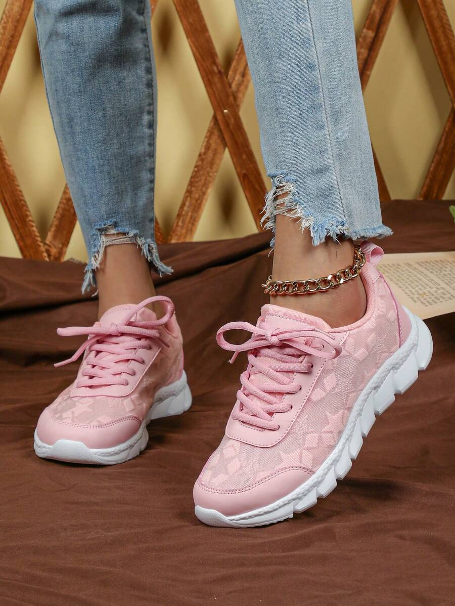 Zapatillas de running para damas con rosa y malla con estrellas, transpirables y suaves. Calzado ligero con amortiguación, suela cómoda y flexible, adecuado para vacaciones, actividades al aire libre, como regalo de pareja o para el Día de San Valentín
