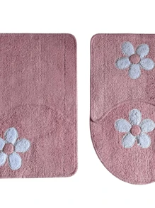 Cotton Bath Mat Set Kit With 3 Pieces Low Pile Applique Various Colors - Baby Pink - View 2