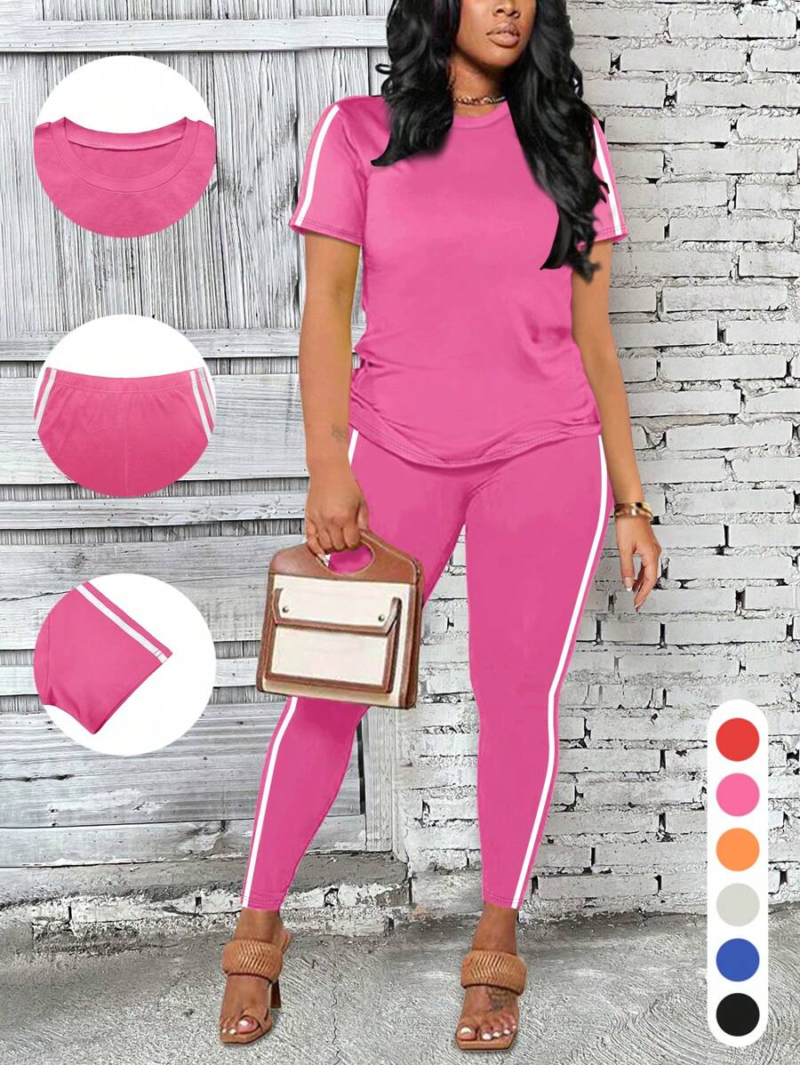 女士休闲运动套装慢跑套装长袖纯色T恤紧身裤运动上衣下装侧条纹装饰