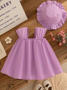 2pcs/Set Summer Baby Girls' Solid Color 3D Floral Decor Sweet Sling Dress And Hat - Purple - View 2