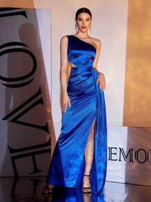 LOVE&LEMONADE Blue Satin One Shoulder Split Flowy Maxi Evening Gown,Party Dress,Formal,Wedding Guest - Blue - View 2