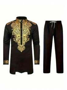 Camisa de manga larga con botones y estampado dorado en estilo tradicional africano Dashiki para hombres