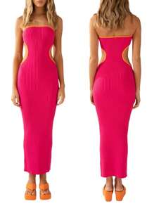 Women's Bodycon Tube Dress, Strapless Side Cutout Contrast Color Ribbed Long Dress - Hot Pink - View 6