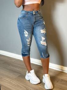 Women's Cropped High Waisted Ripped Tight Jeans Elastic Denim Cropped Pants With Pockets
