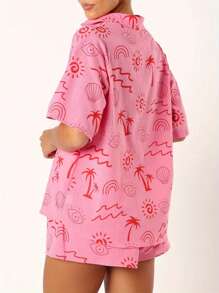Women's 2 Piece Lounge Set Short Sleeve Lapel Button Up Tops Sun Tropical Tree Print Shorts Sleepwear Sets
