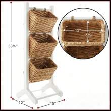 3-Tier Floor Stand With Water Hyacinth Storage Baskets, White/Natural - Standing Organizer Rack For Bathroom, Kitchen, Laundry, Living Room