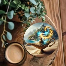 4pcs Artistic Wooden Non-Slip Coasters, Round Mysterious Jewelry Box & Lamp Designed, Suitable For Office Desk, Tea Table, Home Decoration, Thanksgiving Gift