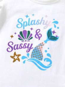 Set de 2 piezas con camiseta de niña pequeña suave y cómoda con volantes, estampado de concha de sirena y efecto ombré, y pantalones cortos deportivos con estampado de escamas en degradado