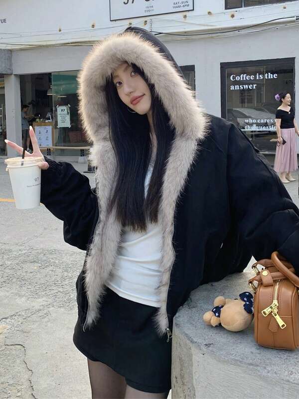 Distressed Vintage Washed Short Padded Coat With Detachable Fur Collar, Unisex Deconstructed Streetwear Style