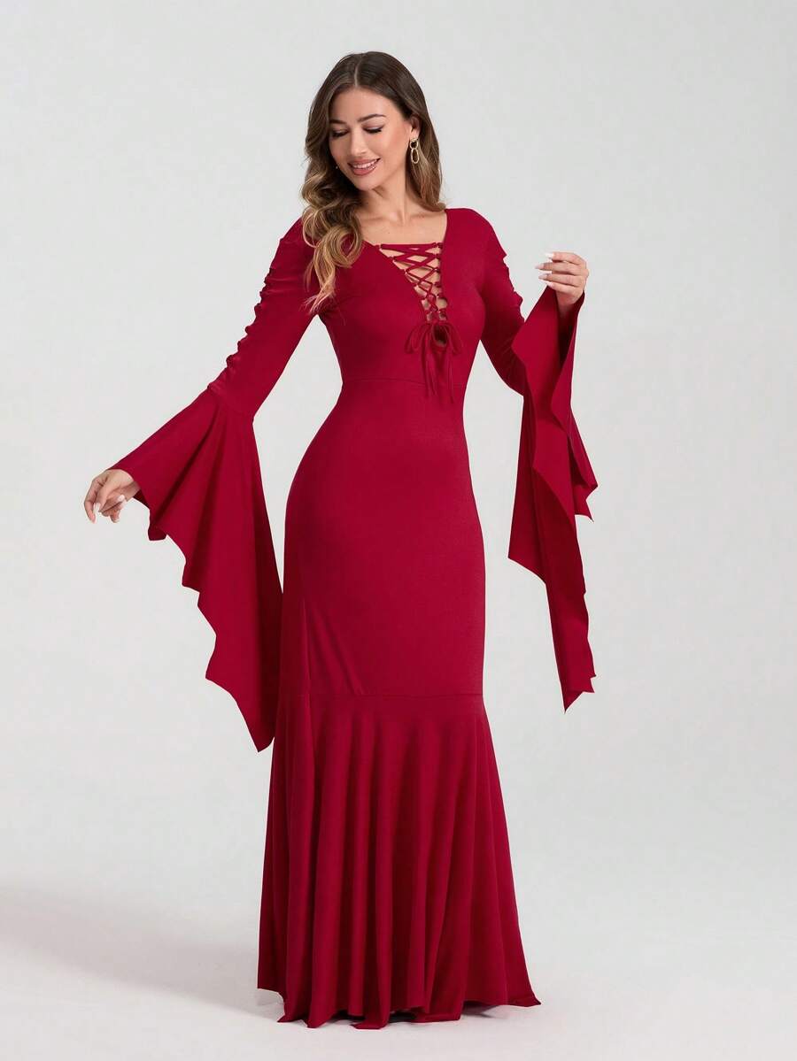 Women Halloween Vampire Costume Cut-Out Lacing Bodycon Gothic Floor Dress Cosplay Outfits - Red - View 1