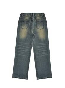 American High Street Design Washed Cat Whisker Distressed Blue Jeans Men's Loose Straight Denim Trousers