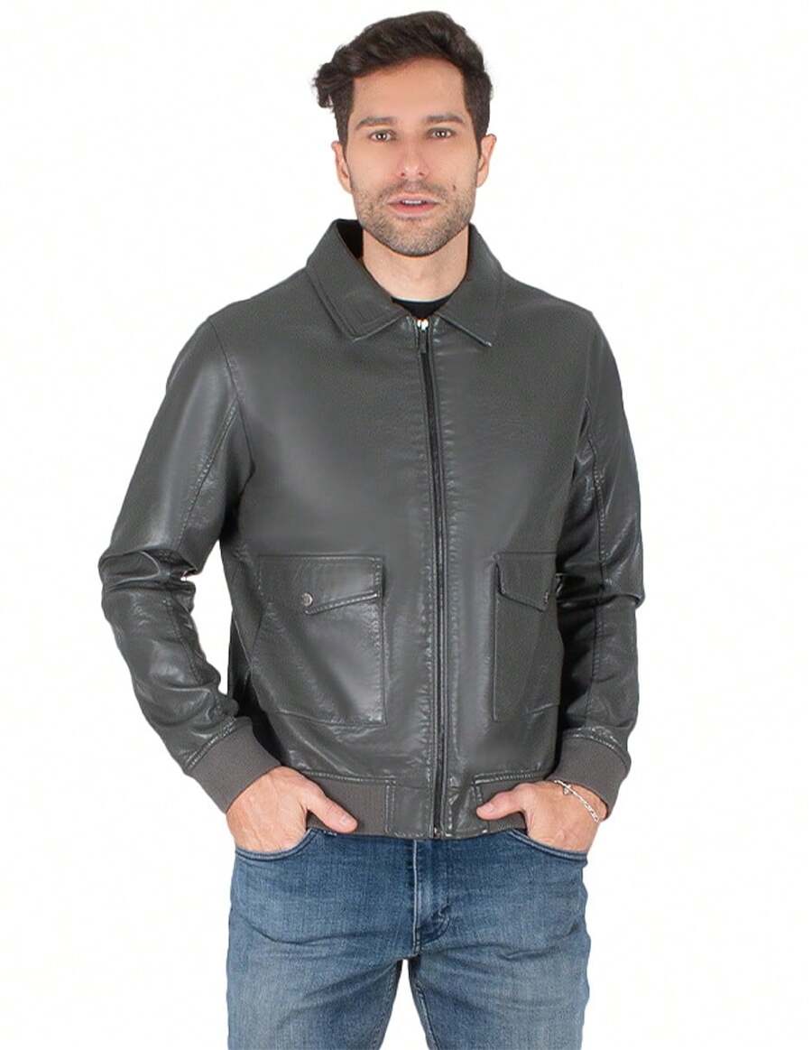 Generra | Men's Faux Leather Jacket, Casual Style, With Pockets And Front Closure - Olive Green - View 1