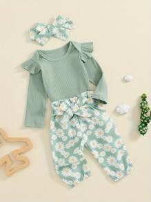 Baby Girls 3 Piece Outfit Long Sleeve Ruffled Ribbed Romper Daisy Print Lacing Pants Hairband Set - Green - View 3