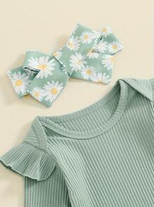 Baby Girls 3 Piece Outfit Long Sleeve Ruffled Ribbed Romper Daisy Print Lacing Pants Hairband Set - Green - View 5