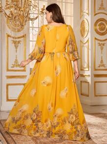 SUPGIR Plus Size Random Cut Floral Print Sweetheart Neck Long Lantern Sleeve Chiffon Elegant Midi Dress, Party Dress, Wedding Guest Dress, Formal Dress, Evening Dress,Gown
