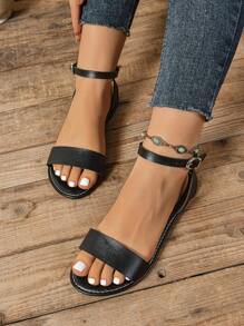 Women Wide Width Flat Sandals, Fashion Classic Leather Casual Outdoor Simple Lightweight Beach Sandals