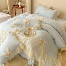 1 Peça Jogo de Capa de Edredom Azul com Laço Pregueado (1 Capa de Edredom, Sem Enchimento Interno, Sem Fronha), Jogo de Roupa de Cama de Chiffon Macio com Design de Laço, de Alta Qualidade e Confortável para Todas as Estações, Lavável em Máquina, Com Cantos Amarrados, Adequado para Quarto, Casa, Hotel