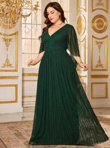 SUPGIR Plus Size Women V-Neck Asymmetric Sleeve Cinched Waist Fold Pleated Casual Comfortable Party Dress, Wedding Guest Dress, Formal Dress, Evening Dress,Gown