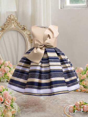 EHOMKIDS Girls Dress With Big Bow Backless Design, Striped Mid-Length Dress For Wedding/Party, Toddlers & Young Girl