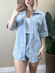 Linen Shorts And 3/5 Sleeve Shirt Set - Baby Blue - View 2