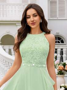 MIUSOL Floral Lace Halter Neck Ruffle Trim Chiffon Prom Party Swing Dress Elegant Semi Formal Wedding Guest Dress, For Birthday, Graduation, Homecoming