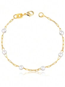 Pulseira Dourada Infantil Elos 1x1 Achatados com Detalhe em Pérolas (15cm)