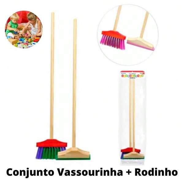 Kit Vassoura e Rodo Infantil Kit Com 2 Peças Tamanho Pequeno Menino e Menina Cores Neutras
