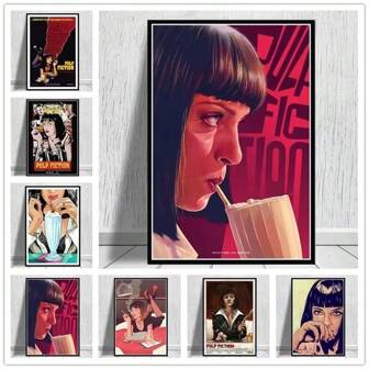 1pc Wall Arts Posters Optinal Frame Pulp Fiction Movie Poster Quentin Tarantino Vintage Canvas Wall Art Print Classic Film Decorative Picture For Home DecorPop ,Wall Art With Frame