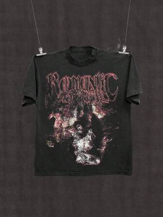 男士水洗黑色短袖休闲圆领 T 恤，Emo，2000 年代风格