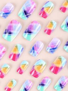 24 szt. kolorowych, naklejanych sztucznych paznokci w kratkę, urocze akcesoria do paznokci